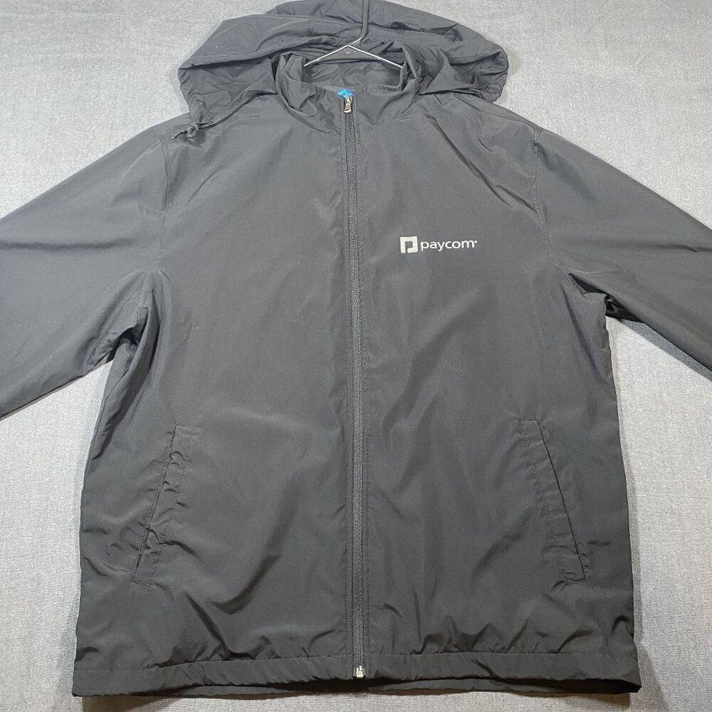 Tri-Mountain Mens XL Black Hooded Jacket Shell & Lining Zip Cuffs Paycom Logo